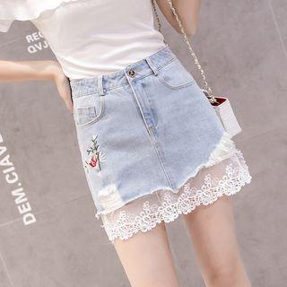 Flower Embroidered Lace Trim Denim Skirt