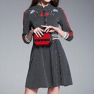 Rose Embroidered Striped A-line Dress