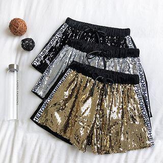 Letter Trim Sequined Wide-leg Shorts