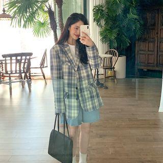 Boyfriend-fit Plaid Blazer Blue - One Size