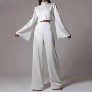 Set: Plain Long-sleeve Crop Top + Straight Leg Pants