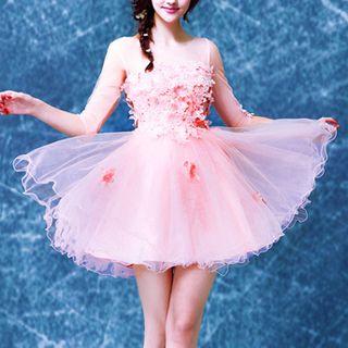 Short-sleeve Lace Panel Mini Prom Dress