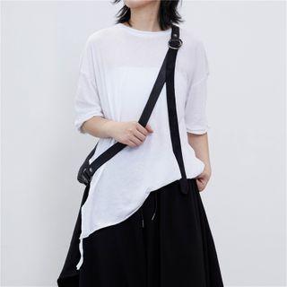 Slit-side Asymmetric Elbow-sleeve Sheer Top