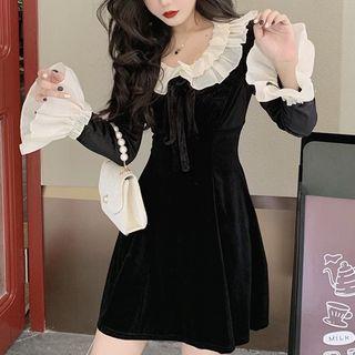 Long-sleeve Lace Trim Velvet Mini Dress
