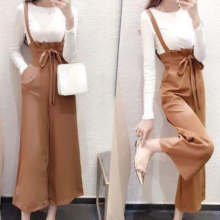 Set: Long-sleeve Plain T-shirt + Bow Accent Cropped Jumper Pants