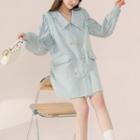 Set: Plain Blouse + Double-breasted Mini Overall Dress