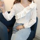 Plain V-neck Frilled Long-sleeve Top