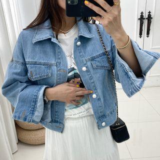 Bead-button Denim Trucker Jacket Blue - One Size