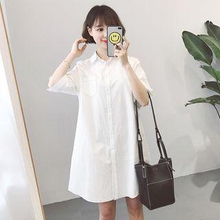 Stand-collar Single-breasted Short-sleeve A-line Sheath Dress