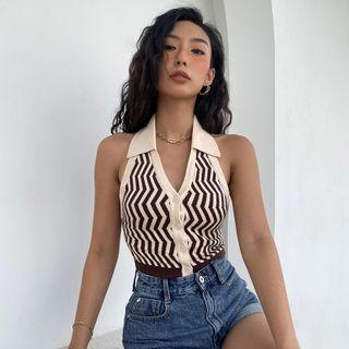 Halter Collar Zigzag Button-up Knit Crop Top