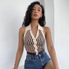 Halter Collar Zigzag Button-up Knit Crop Top