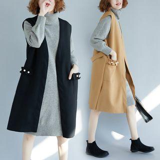 Faux Pearl Accent Open-front Long Vest Coat