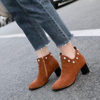 Faux Suede Studded Block Heel Ankle Boots