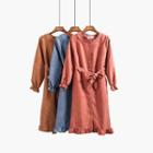 Ruffled-trim Collarless Shirtdress With Sash