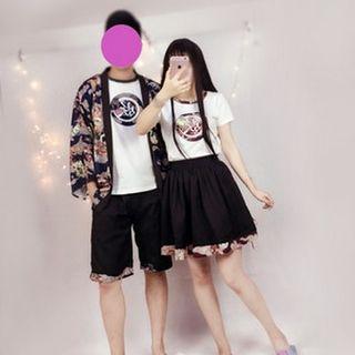 Couple Matching Printed Open-front Jacket / Printed Short-sleeve T-shirt / Printed A-line Skirt / Drawstring Shorts