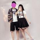 Couple Matching Printed Open-front Jacket / Printed Short-sleeve T-shirt / Printed A-line Skirt / Drawstring Shorts