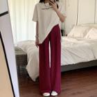 Short-sleeve Printed Slit T-shirt / High-waist Plain Wide-leg Dress Pants