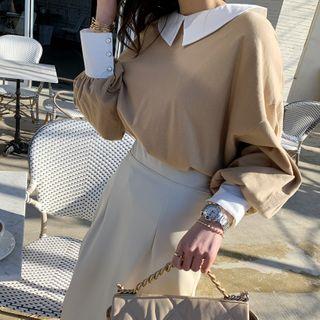 Contrast-collar Bishop-sleeve Blouse