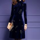 Beaded Long Sleeve Velvet Dress
