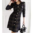 Metallic-button Midi A-line Tweed Dress