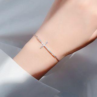 925 Sterling Silver Rhinestone Cross Bracelet 1 Piece - Bracelet - Cross - One Size