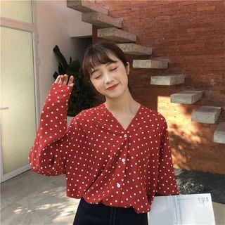 Dot V-neck Long-sleeve Loose-fit Chiffon Blouse