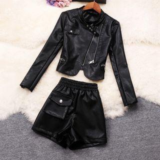 Set: Faux Leather Zip Jacket + Pocket Shorts