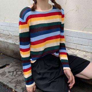 Long-sleeve Striped Knit Top Stripe - Multicolor - One Size