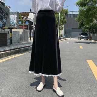 Lace Trim Velvet Midi A-line Skirt