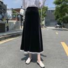 Lace Trim Velvet Midi A-line Skirt