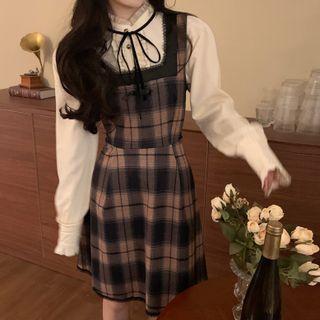 Long-sleeve Tie-neck Frill Trim Blouse / Plaid A-line Overall Dress