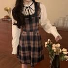 Long-sleeve Tie-neck Frill Trim Blouse / Plaid A-line Overall Dress