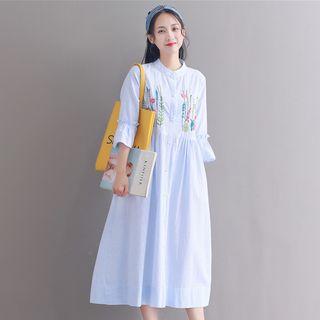 3/4-sleeve Striped Embroidered A-line Dress
