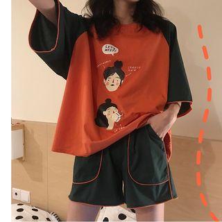 Set: 3/4-sleeve Cartoon Print Raglan T-shirt + Wide-leg Shorts