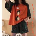 Set: 3/4-sleeve Cartoon Print Raglan T-shirt + Wide-leg Shorts