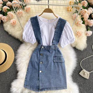 Set Of 2 : Round-neck Puff-sleeve Top + Asymmetrical Denim Jumper Skirt