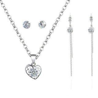 Set: Rhinestone Heart Pendant Necklace + Rhinestone Tassel Drop Earrings + Rhinestone Stud Earrings Silver - One Size