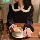 Peter Pan Collar Lace Flower Trim Velvet Shirt