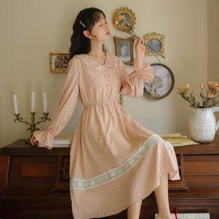 Puff-sleeve Lace Trim Gingham A-line Dress