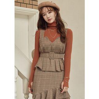 Sleeveless Belted Glen-plaid Peplum Top