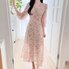 Shirred Long Floral Chiffon Dress