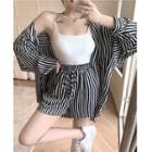 Long-sleeve Striped Loose-fit Shirt / Plain Camisole Top / Striped Shorts