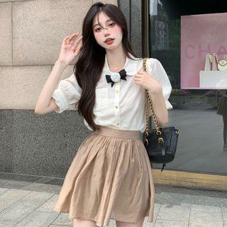 Puff-sleeve Retro Shirt / Plain Skirt