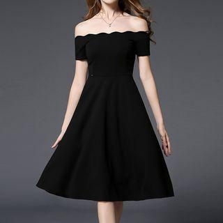 Off-shoulder Short-sleeve Midi Cocktail Dress