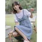 Puff-sleeve Blouse / Bow Denim Overall Dress