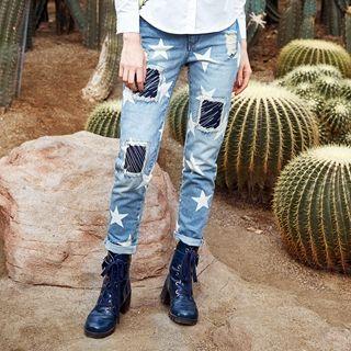 Washed Distressed Printed Slim-fit Jeans