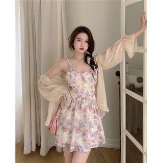 Spaghetti Strap Floral Print Mini Dress / Mesh Cover-up