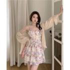 Spaghetti Strap Floral Print Mini Dress / Mesh Cover-up