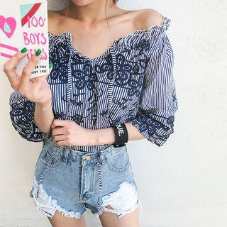 Off-shoulder Flower-embroidered Stripe Top