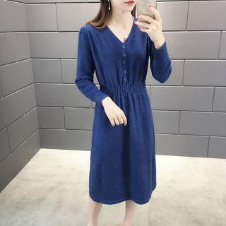 Buttoned Ribbed Midi A-line Knit Dress